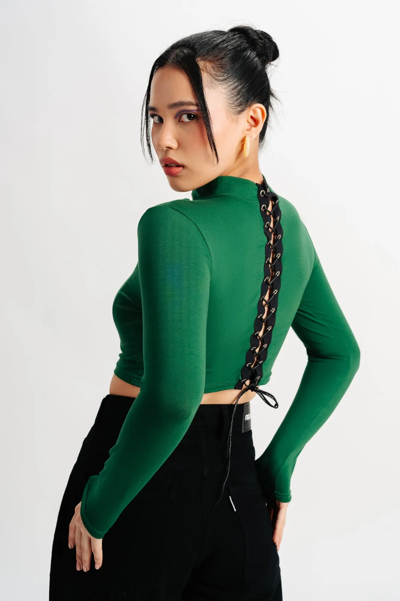 Cropped Long Sleeve Green Knit Top