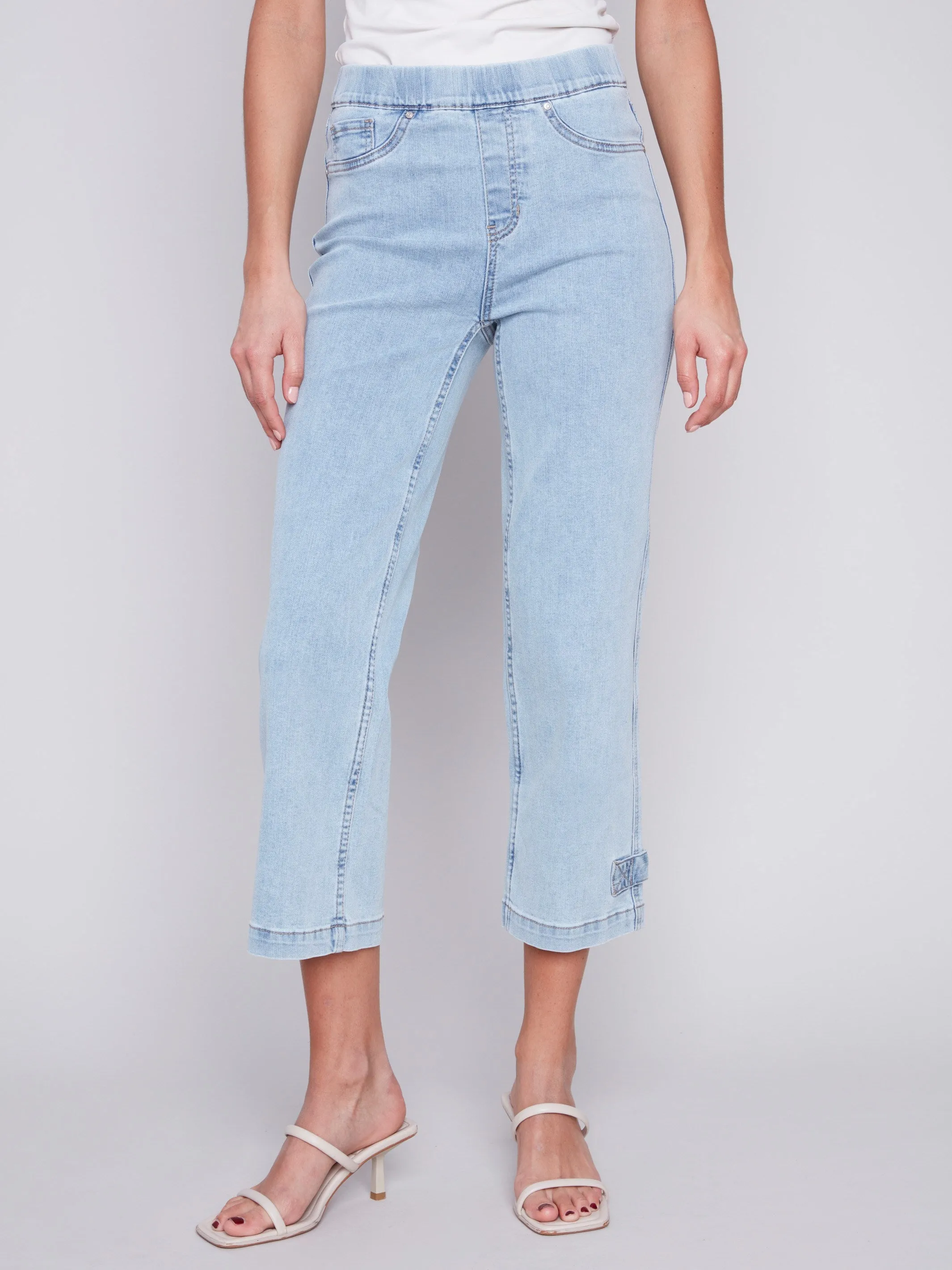 Cropped Pull-On Jeans with Hem Tab - Bleach Blue