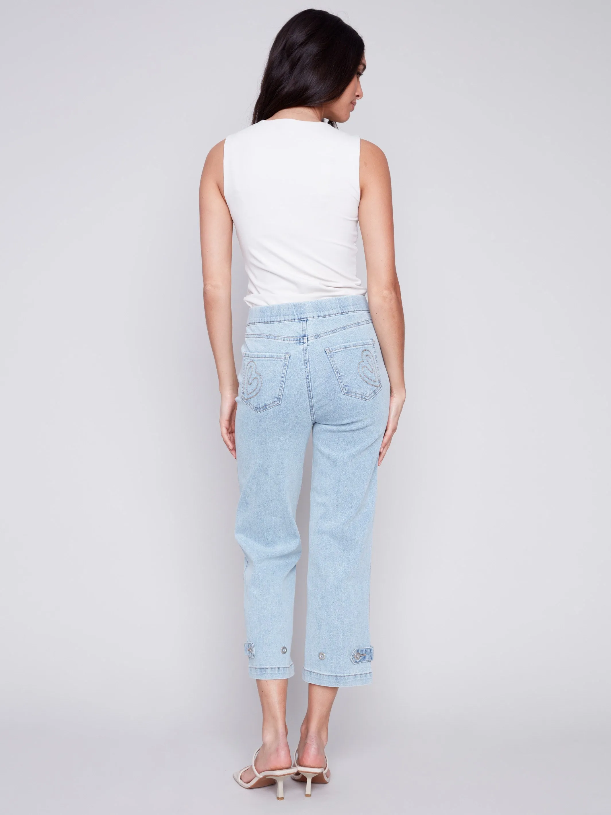 Cropped Pull-On Jeans with Hem Tab - Bleach Blue