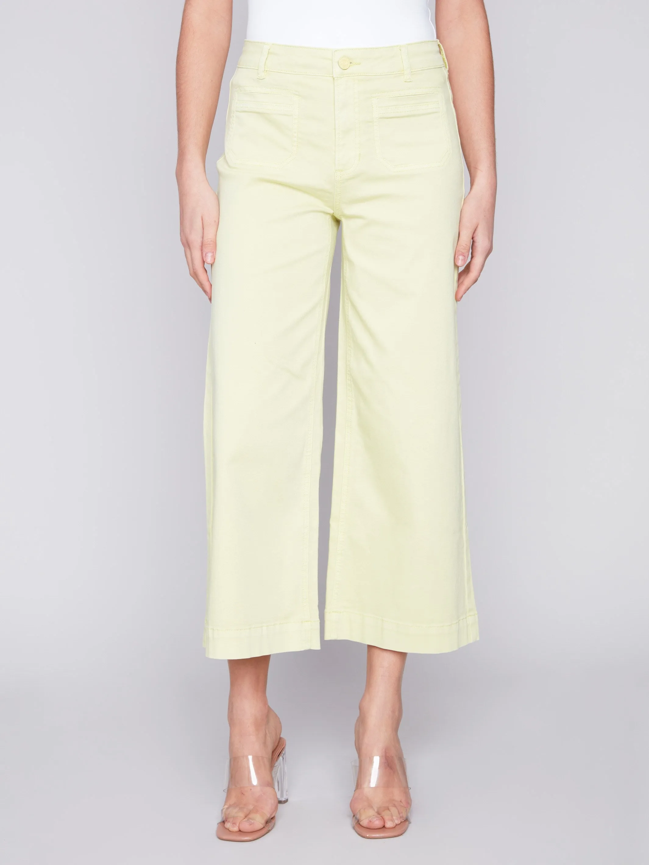 Cropped Wide Leg Twill Pants - Anise