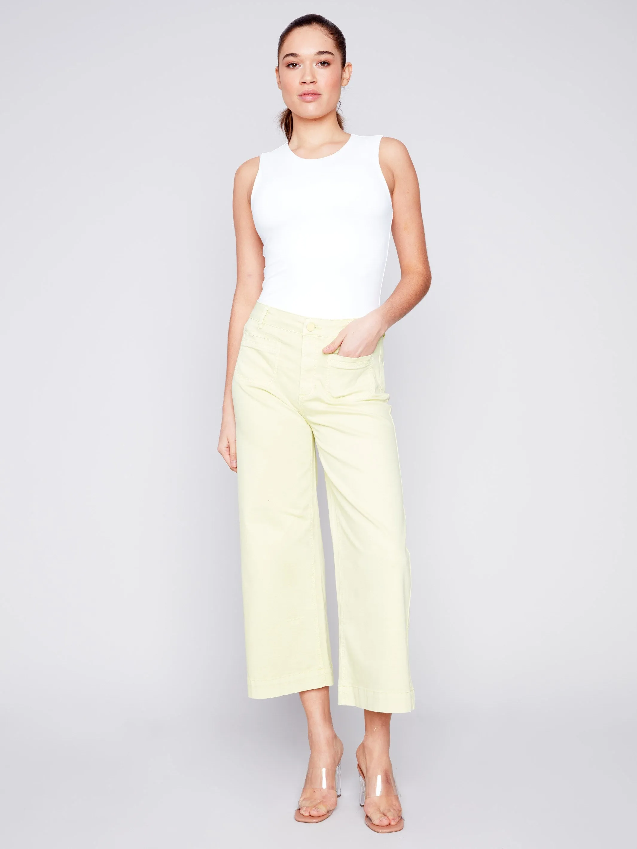 Cropped Wide Leg Twill Pants - Anise