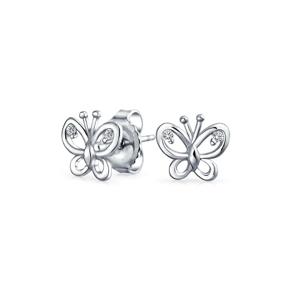 Delicate 3D Garden Butterfly Dangling Stud Earrings Sterling Silver