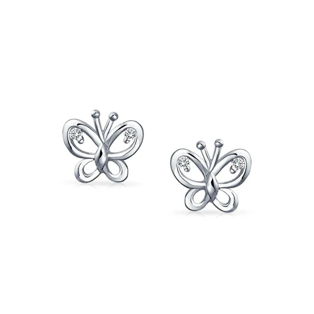 Delicate 3D Garden Butterfly Dangling Stud Earrings Sterling Silver