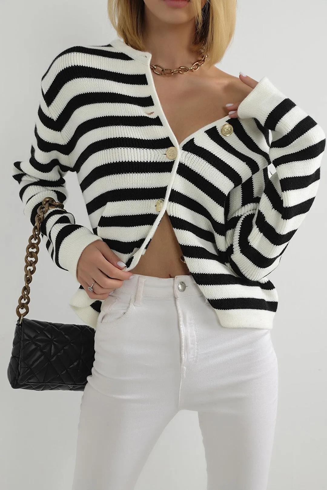 Female Striped Bike Collar Homeland Gold Button Detailed Knitwear Cardigan