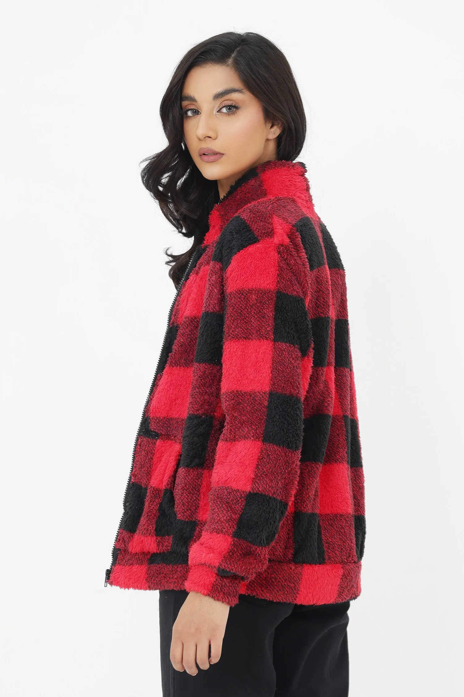 FLUFFY JACKET-BLK-RED