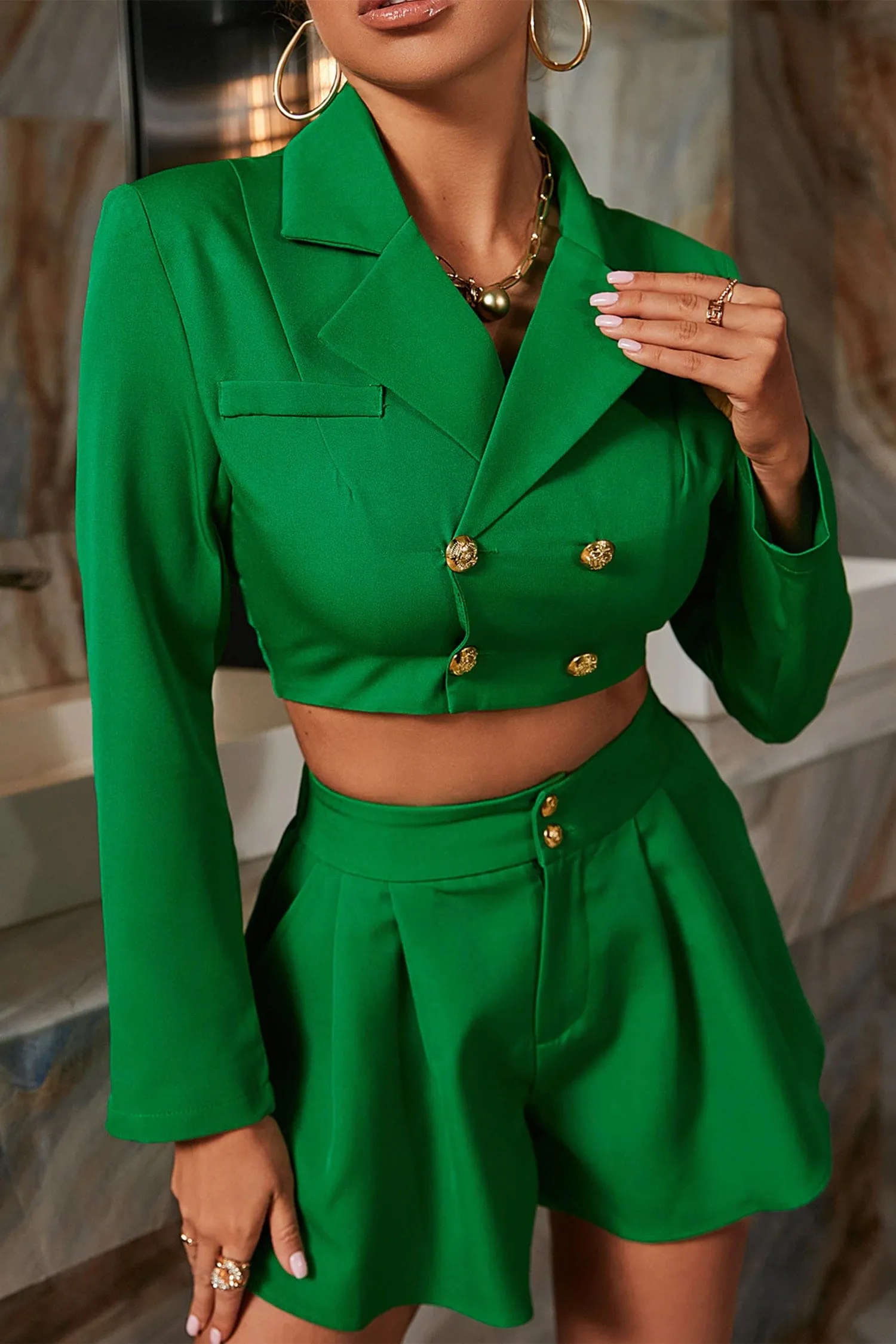 Green High Waisted Flared Shorts & Cropped Blazer Set