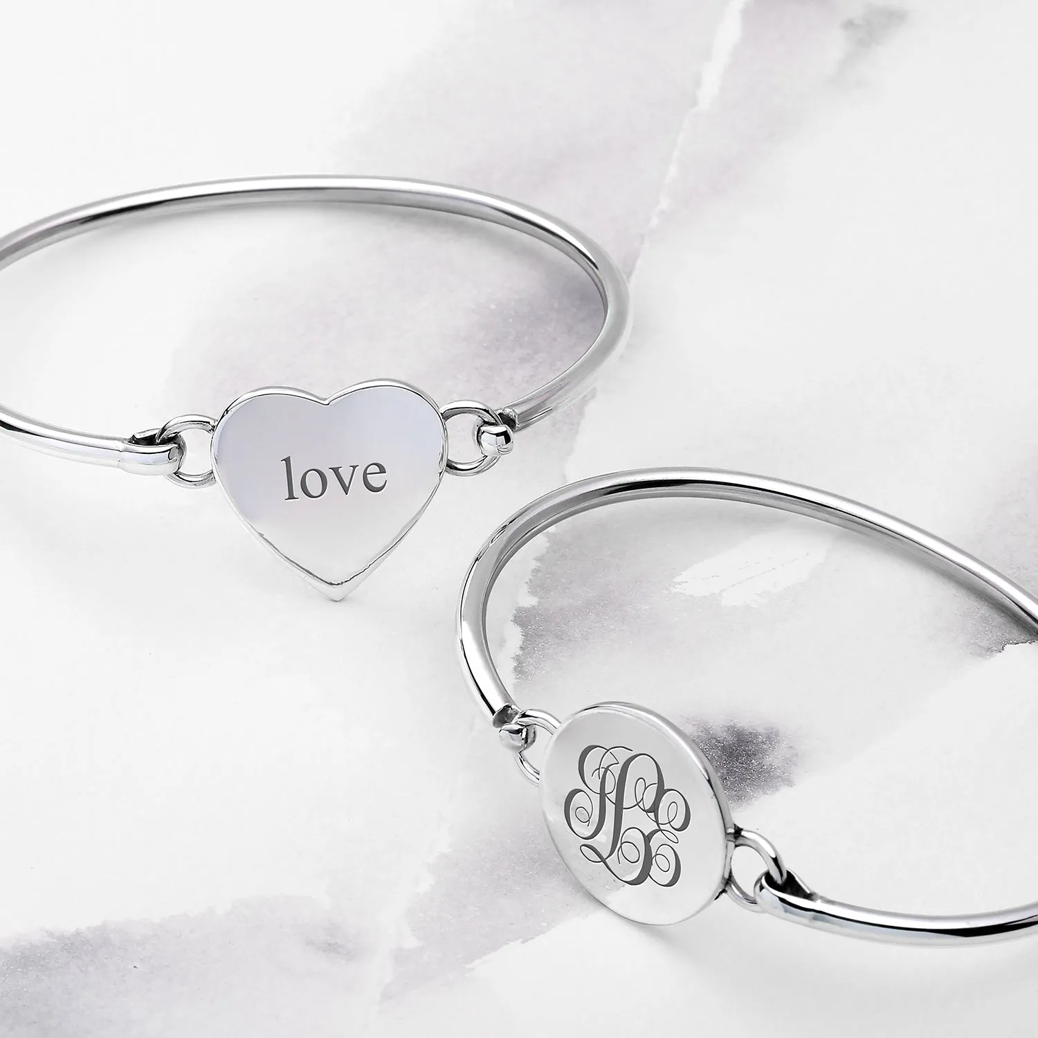 Initial Round Monogram Disc Heart Bracelet Bangle Sterling Silver Adjustable