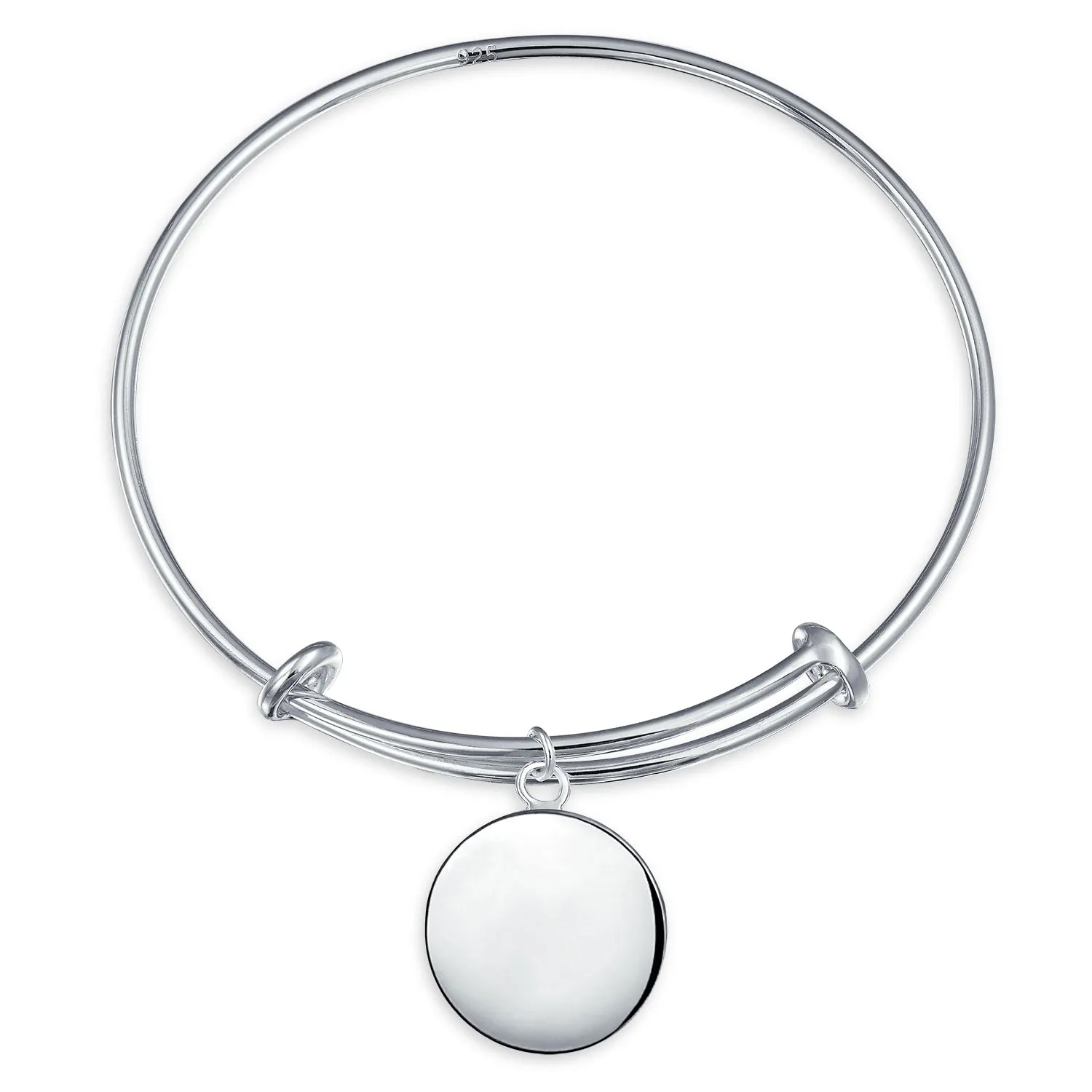 Initial Round Monogram Disc Heart Bracelet Bangle Sterling Silver Adjustable