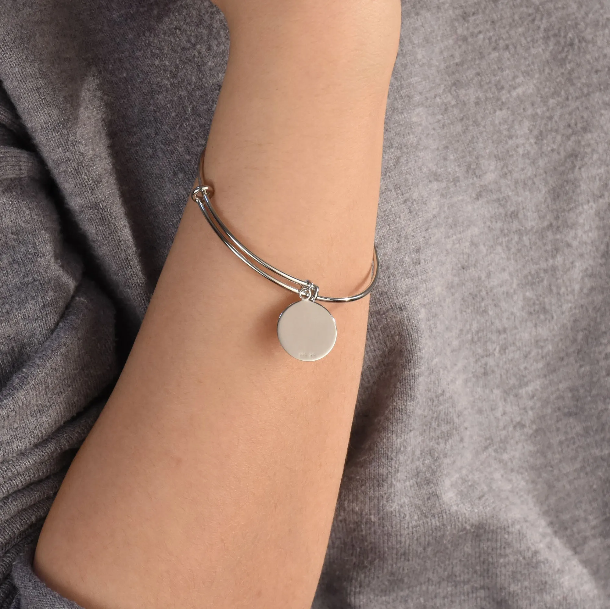 Initial Round Monogram Disc Heart Bracelet Bangle Sterling Silver Adjustable