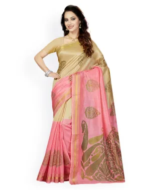 Ishin Art Silk Beige & Pink Ethnic Motifs Printed Women's Saree Including Blouse Piece