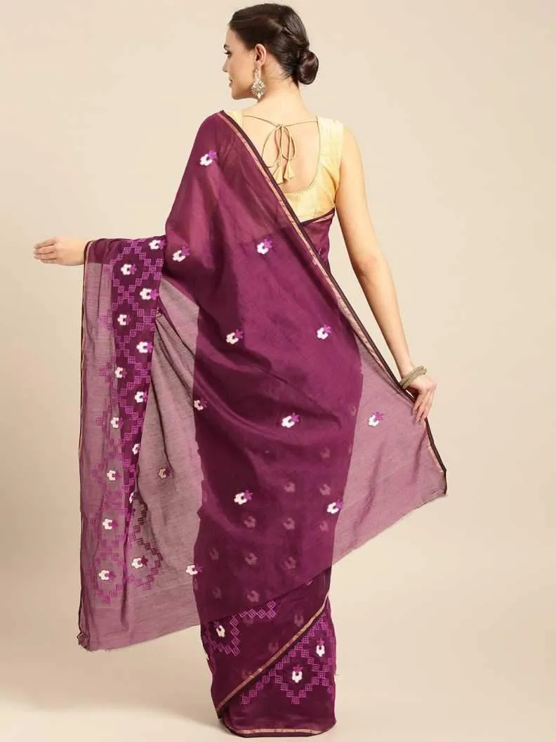 Ishin Art Silk Burgundy Embroidered Women's Saree