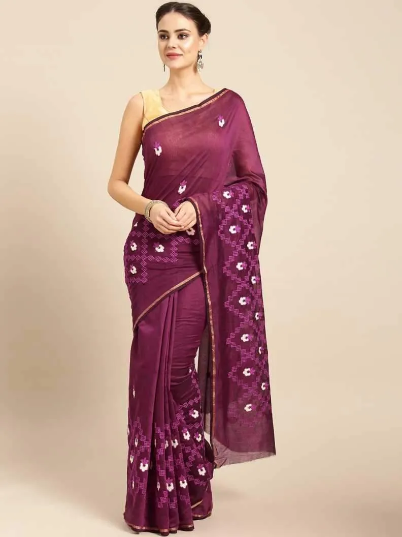 Ishin Art Silk Burgundy Embroidered Women's Saree