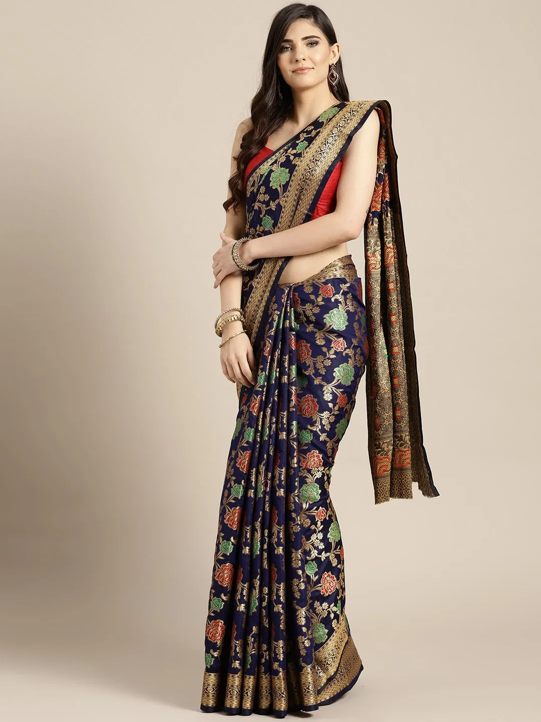 Ishin Art Silk Navy Blue Floral Woven Women's Saree