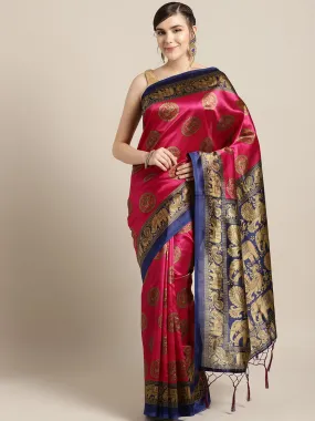 Ishin Art Silk Pink & Blue Ethnic Motifs Printed Women's Saree