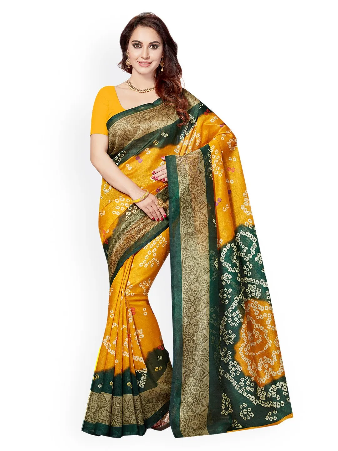 Ishin Art Silk Yellow Printed Women's Saree Including Blouse Piece