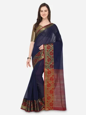 Ishin Gadhwal Cotton Navy Blue With Golden Zari Solid Women's Saree