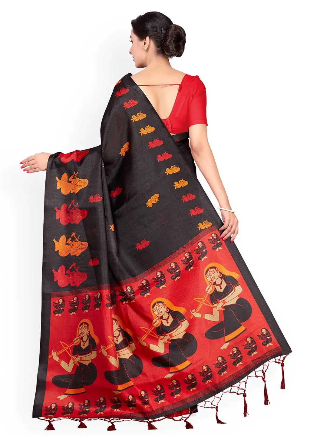 Ishin Poly Silk Black Printed Women's Saree With Tassels