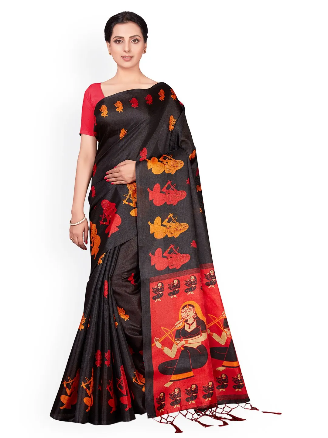 Ishin Poly Silk Black Printed Women's Saree With Tassels