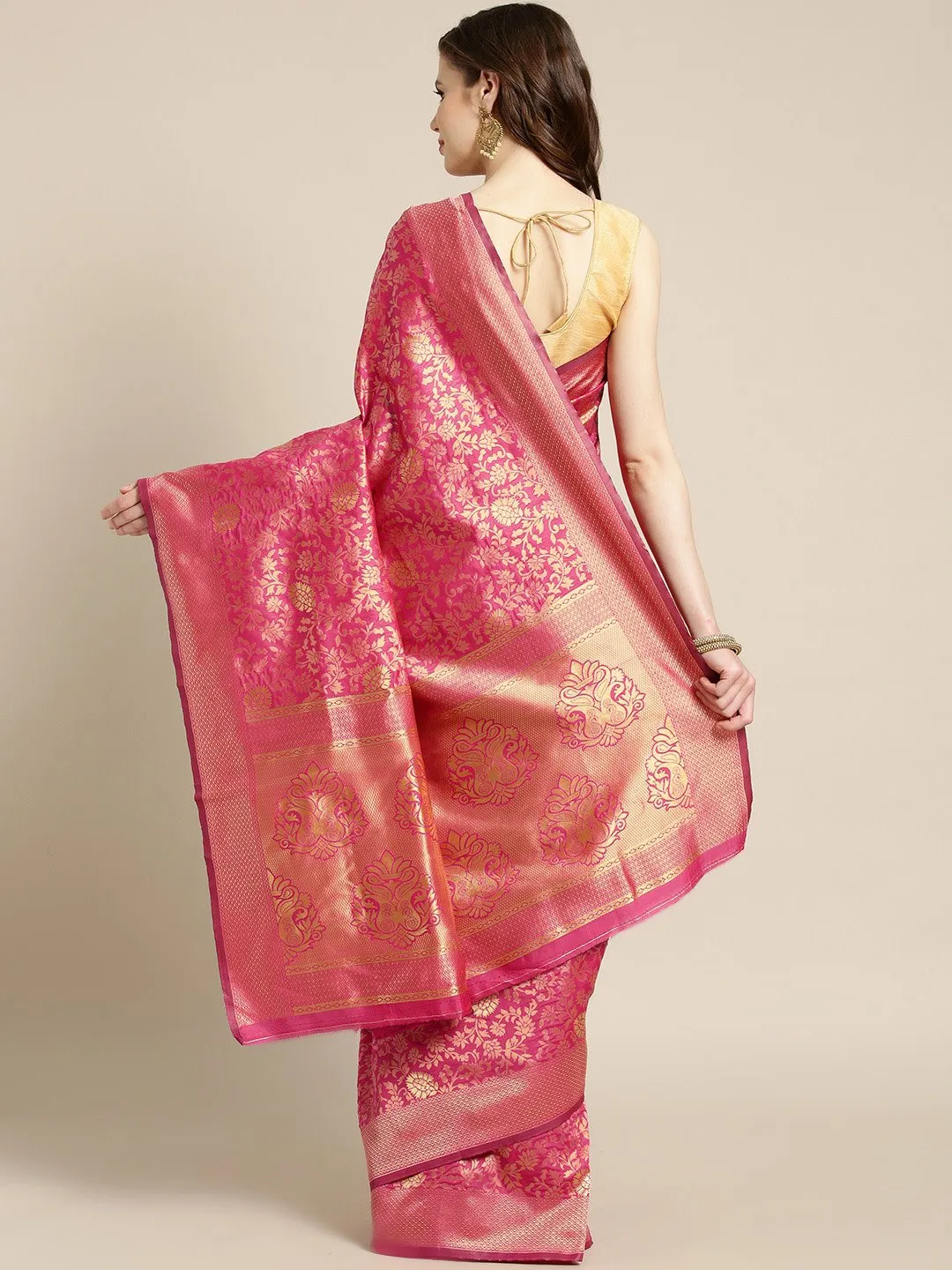 Ishin Poly Silk Pink Woven Women's Saree