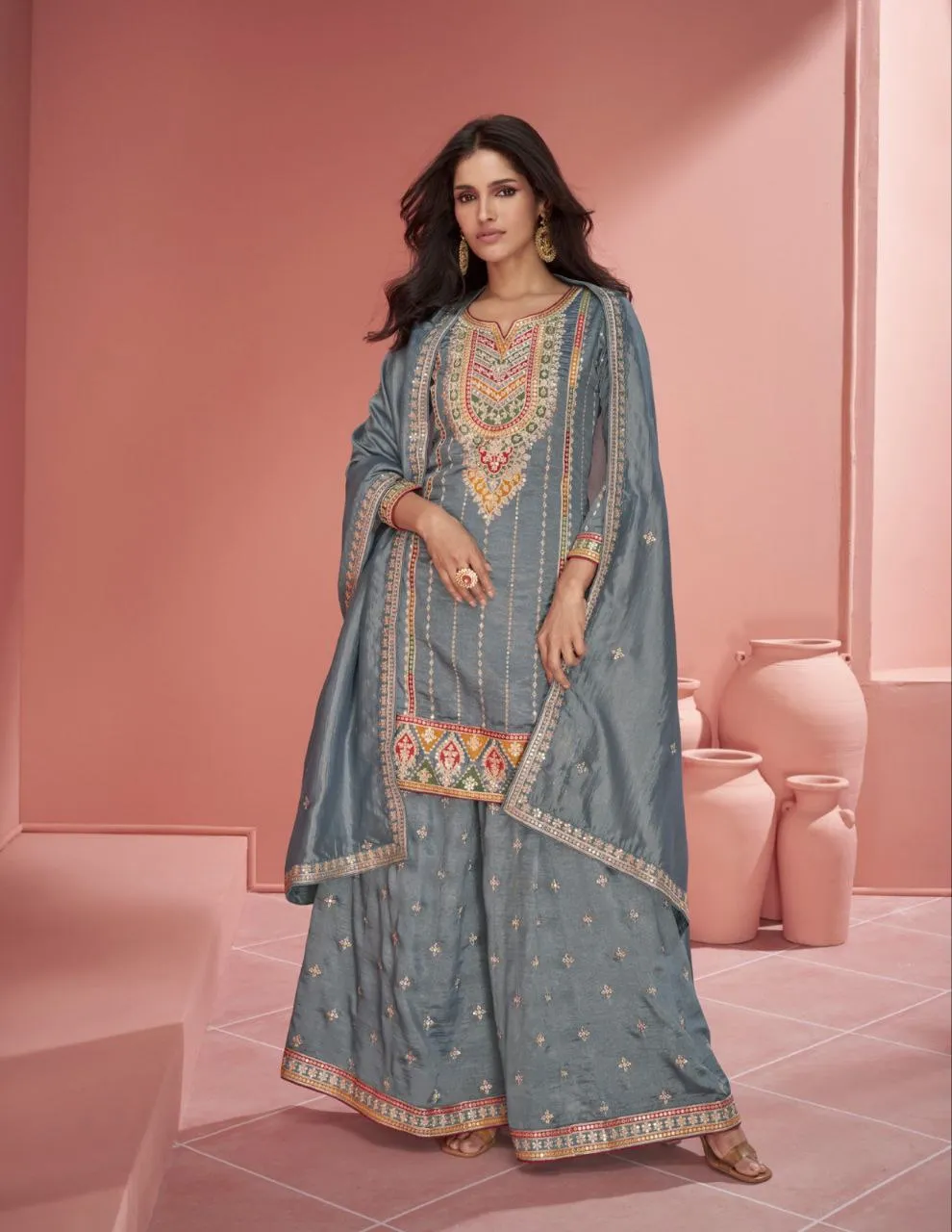 Luxury Grey Party wear Women Top Plazo Dupatta Suit