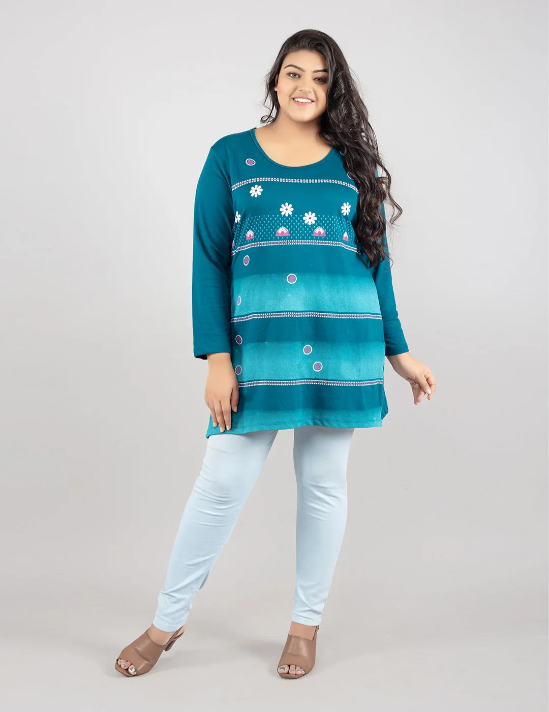 Plus Size Printed Long Tops For Women Full Sleeves T-shirts - Teal Blue