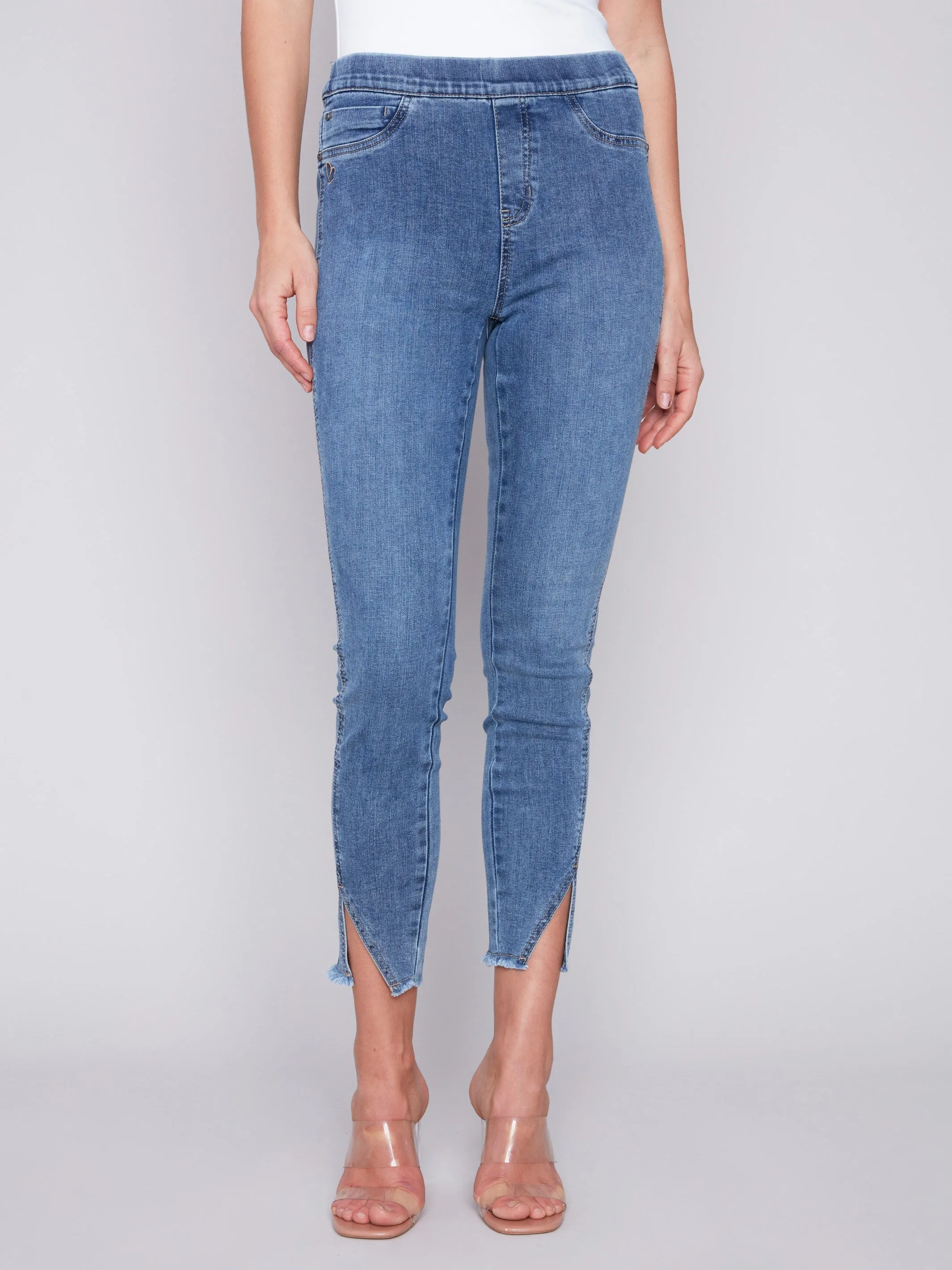 Pull-On Jeans with Split Hem - Medium Blue