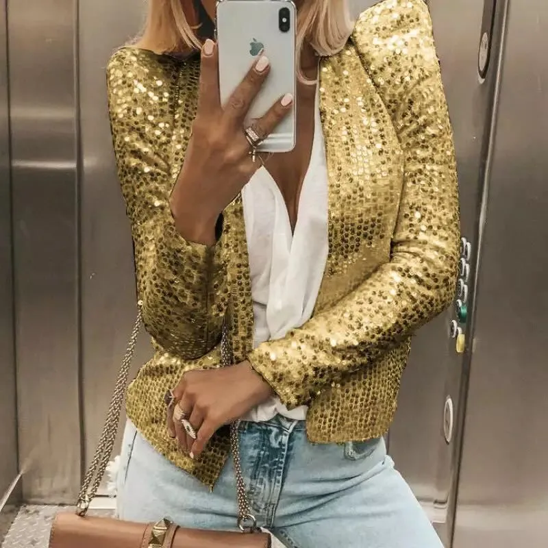 Sparkle Puff Shoulder Gold Sequin Jackets For Women