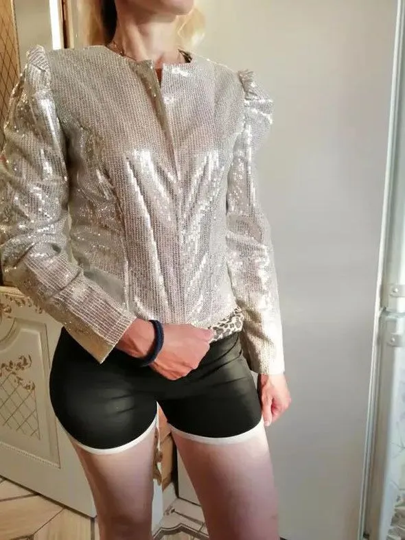 Sparkle Puff Shoulder Gold Sequin Jackets For Women