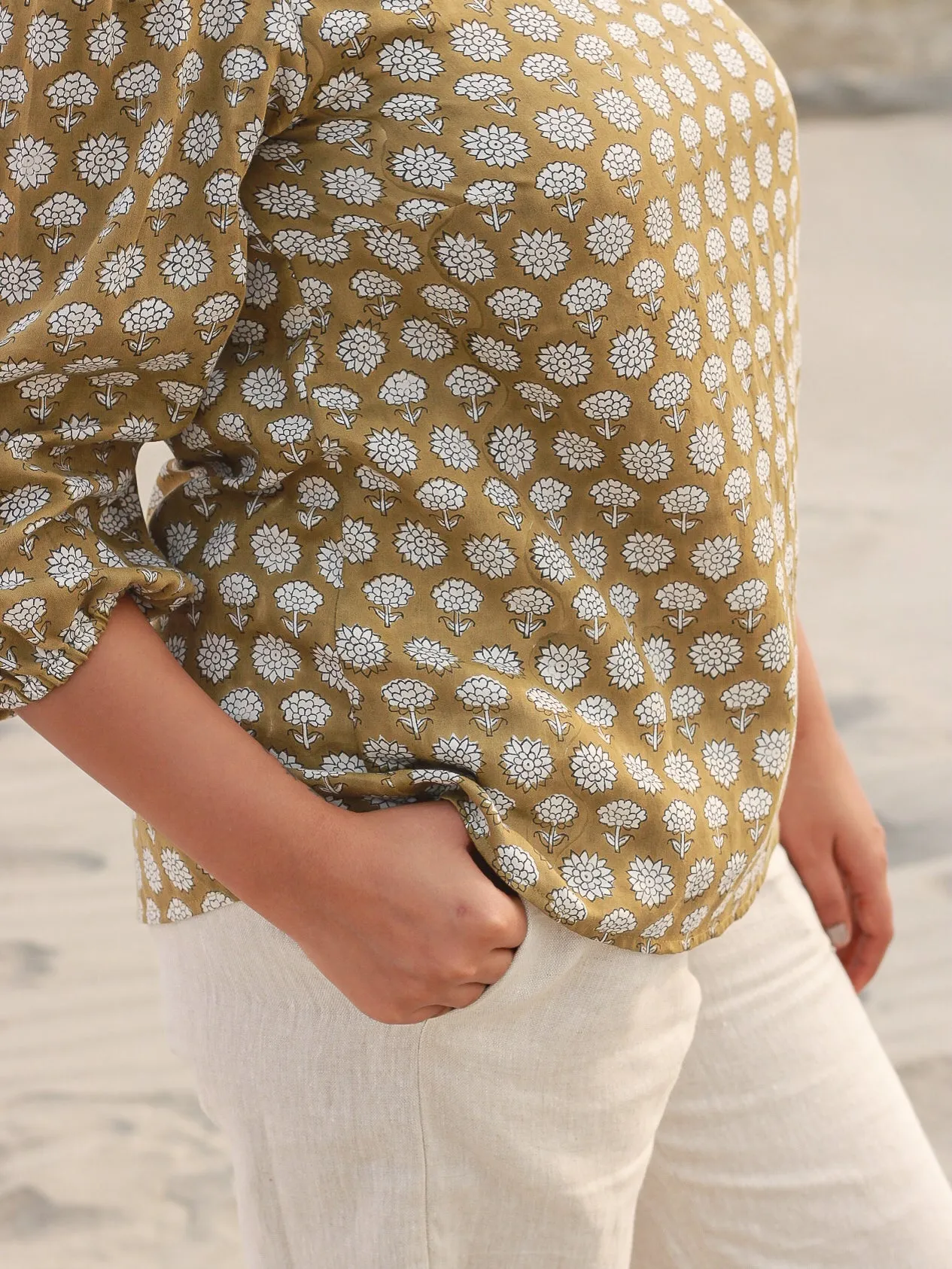 Elegant Chrysanthemum Block Print Blouse