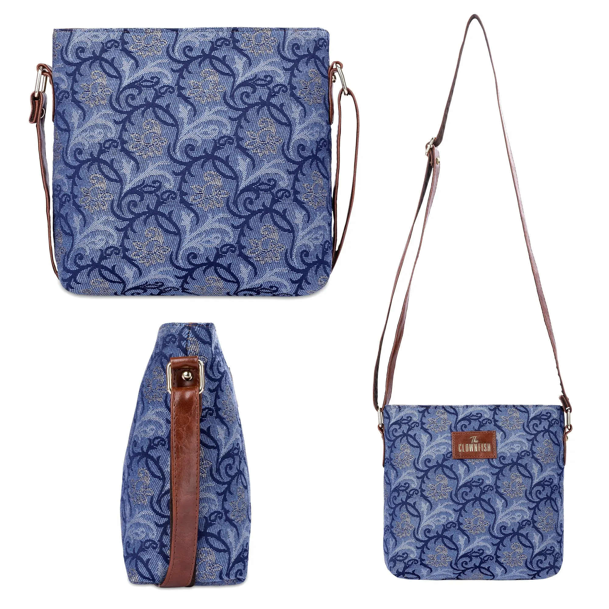 THE CLOWNFISH Combo of Linda Series Sling for Women Crossbody Bag for College Girls Lorna Tapestry Fabric & Faux Leather Handbag Sling Bag for Women (Blue-Floral)