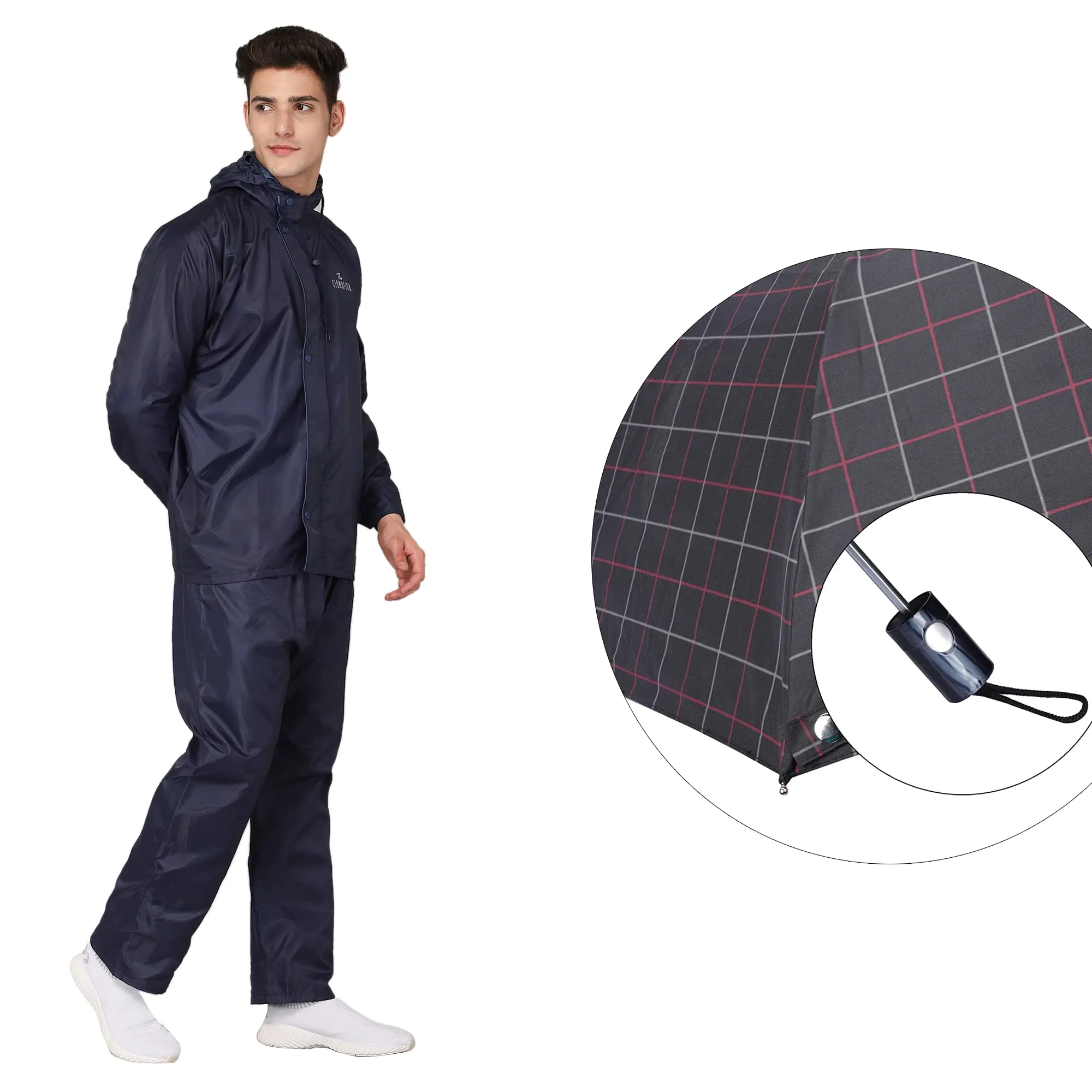 THE CLOWNFISH Combo Of Rain Coat for Men Waterproof Polyester (Blue 4XL) Umbrella 3 Fold Waterproof Pongee (Checks Design- Dark Pink)