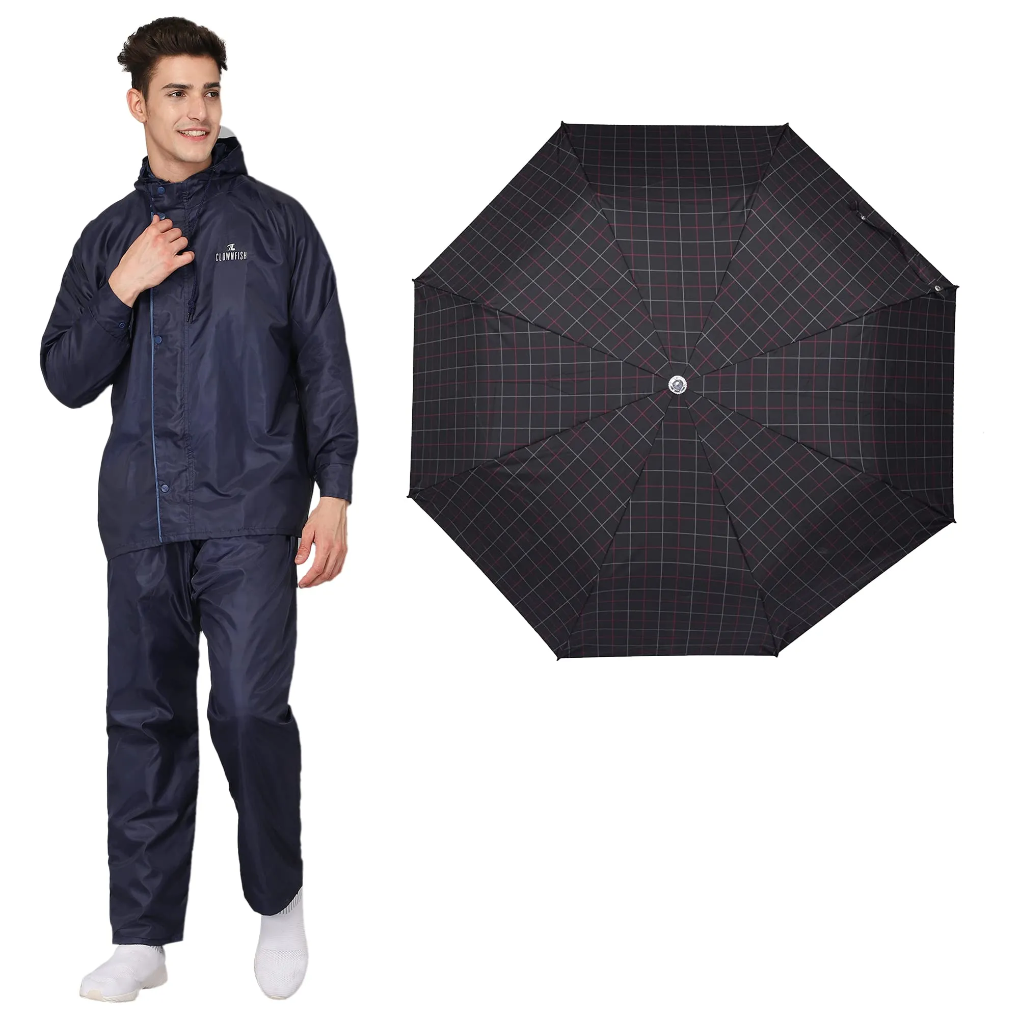 THE CLOWNFISH Combo Of Rain Coat for Men Waterproof Polyester (Blue 4XL) Umbrella 3 Fold Waterproof Pongee (Checks Design- Dark Pink)