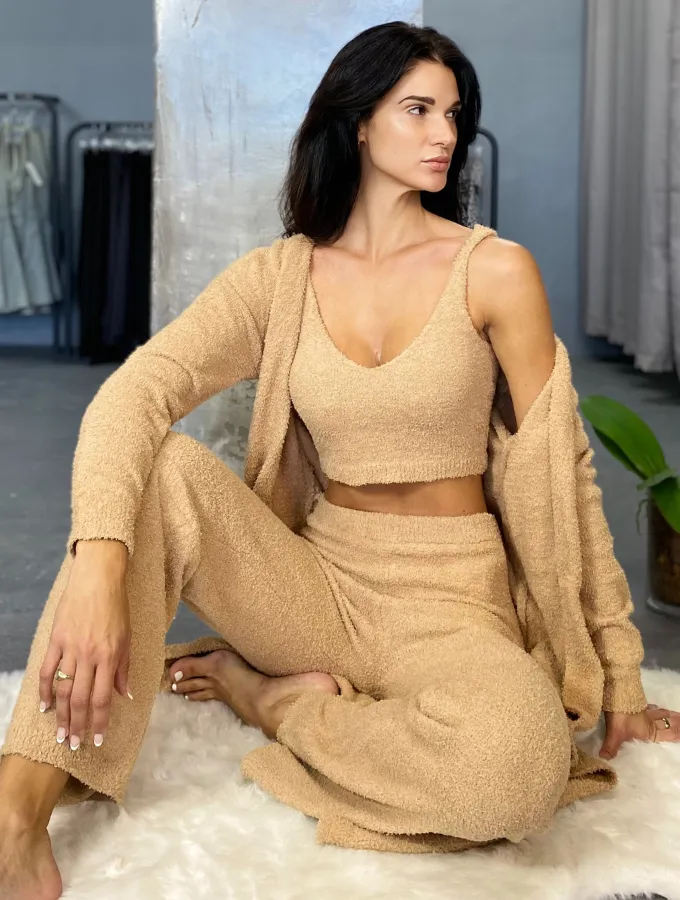 THREE PIECE LOUNGE WEAR SET-BROWN