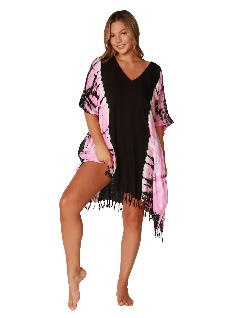 Tie-Dye V-neck Poncho with fringe bottom