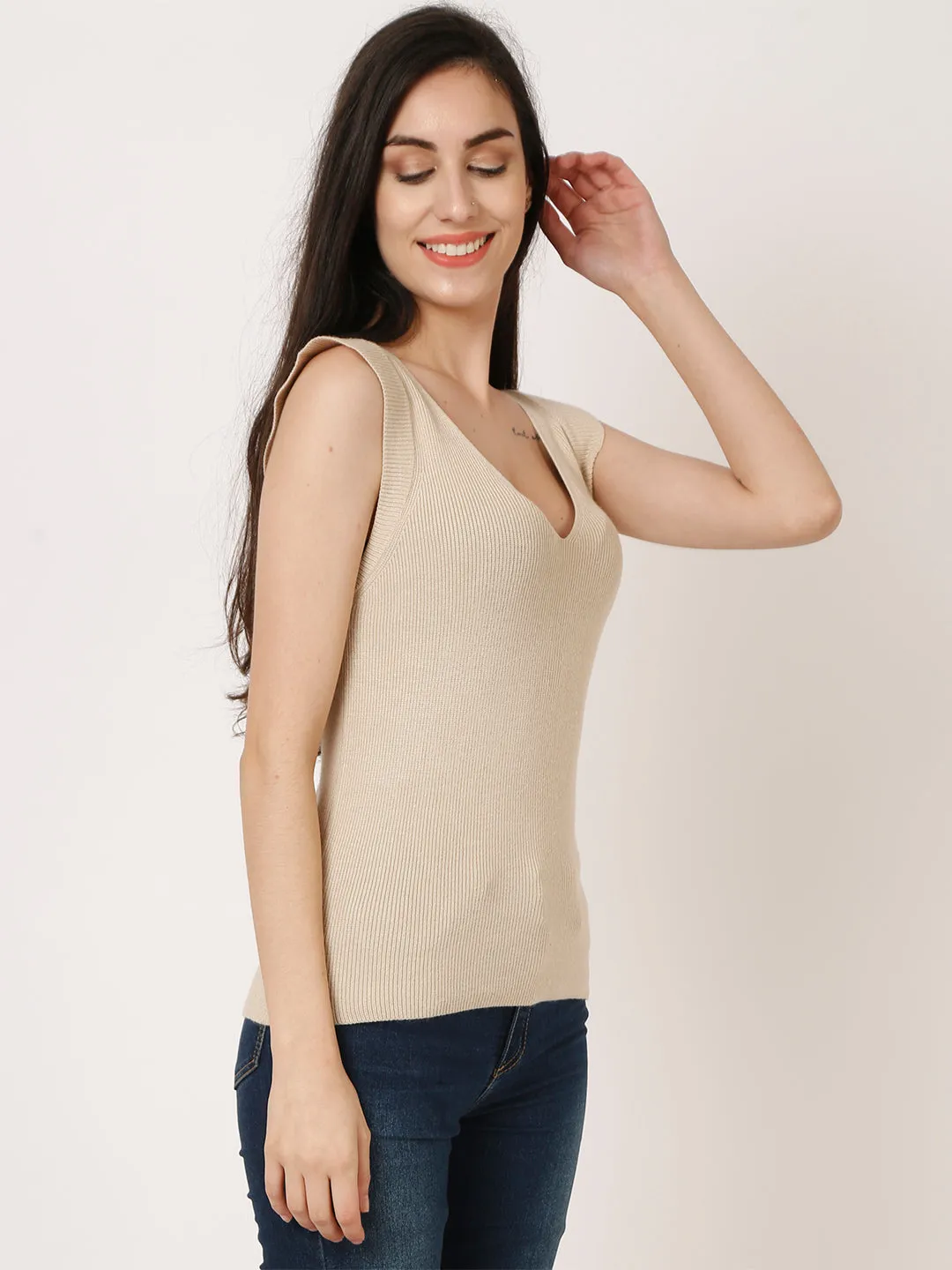 Women Beige Ribbed Top