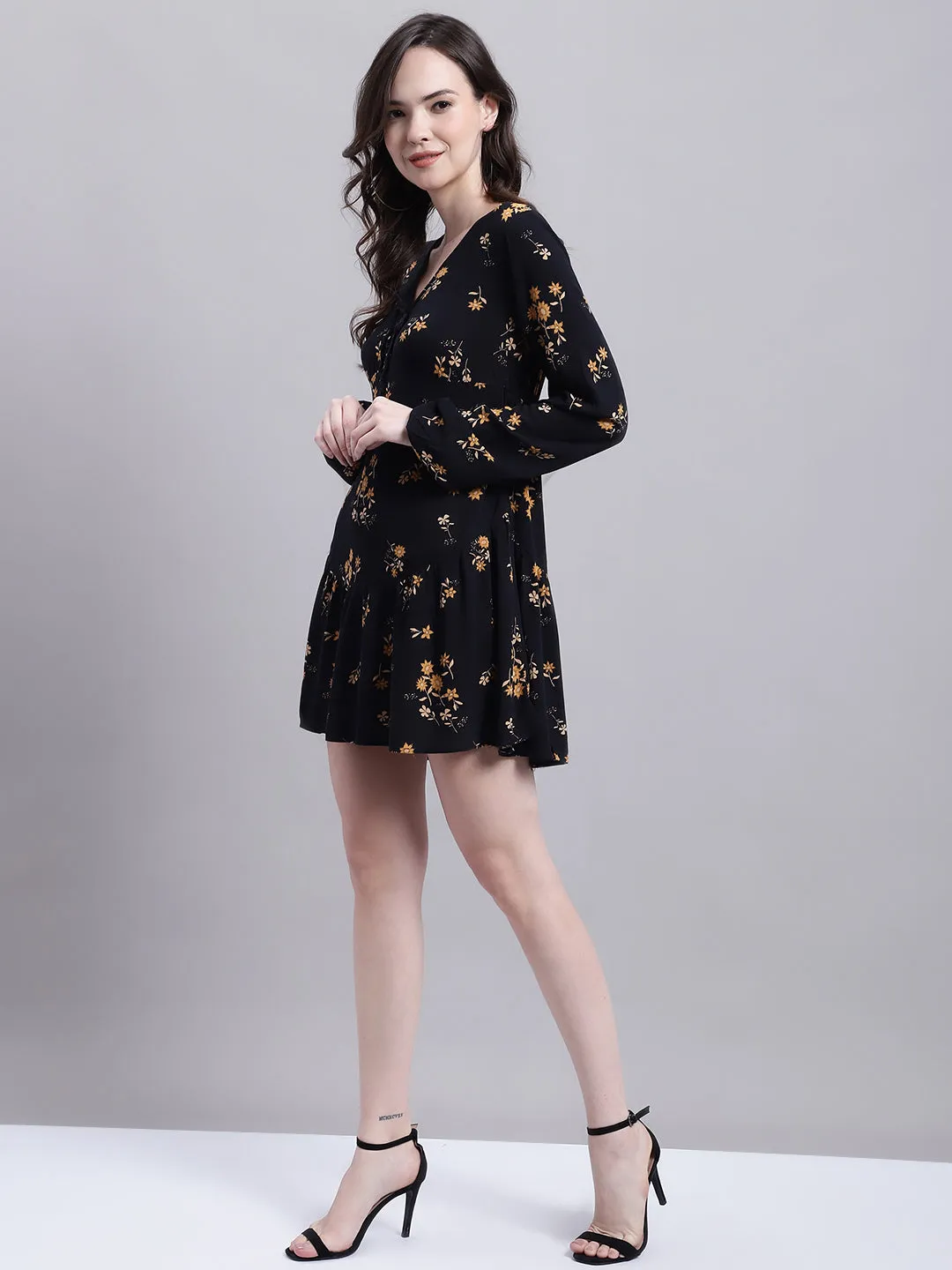 Women Black Floral Skater Dress