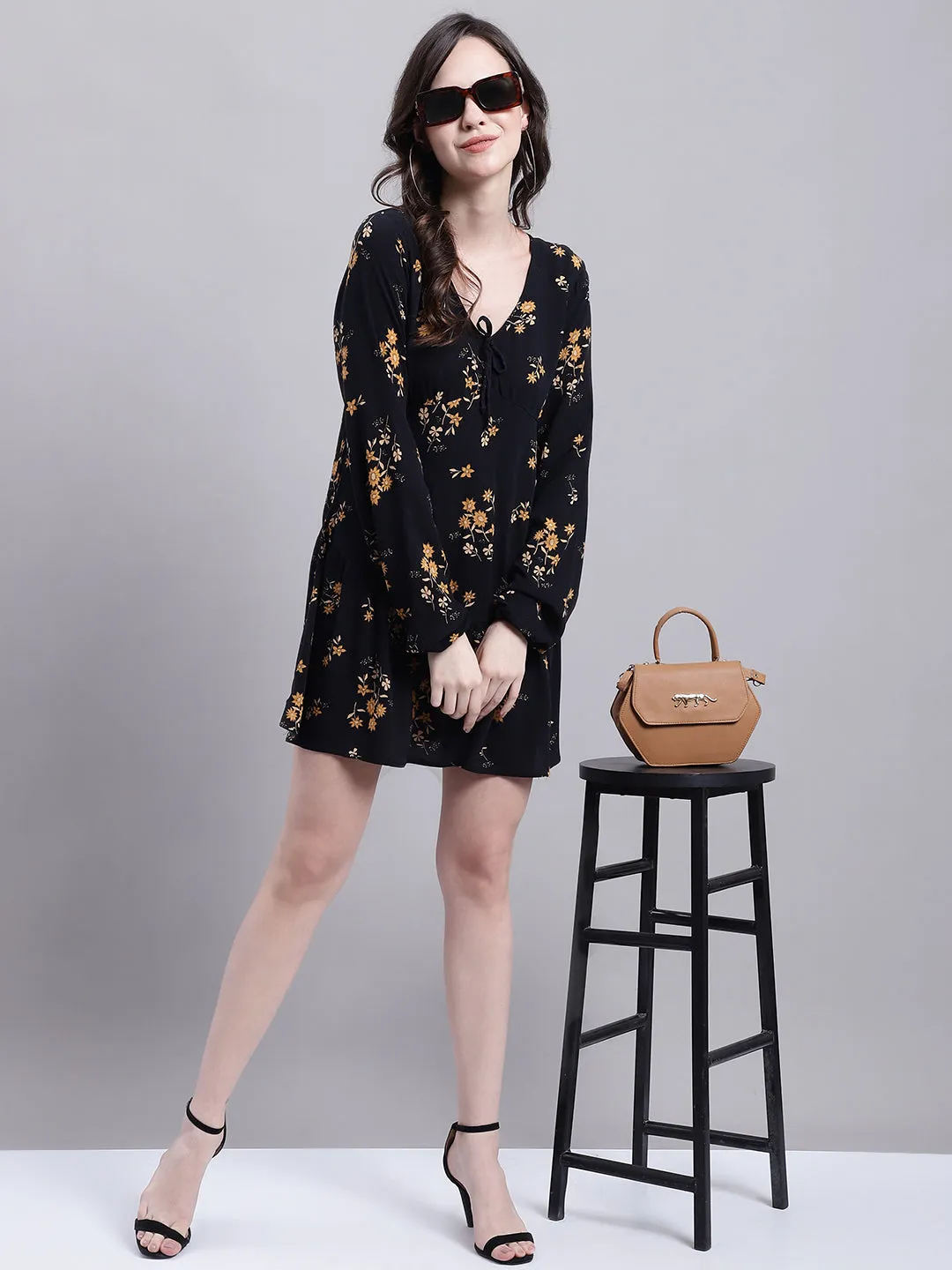 Women Black Floral Skater Dress