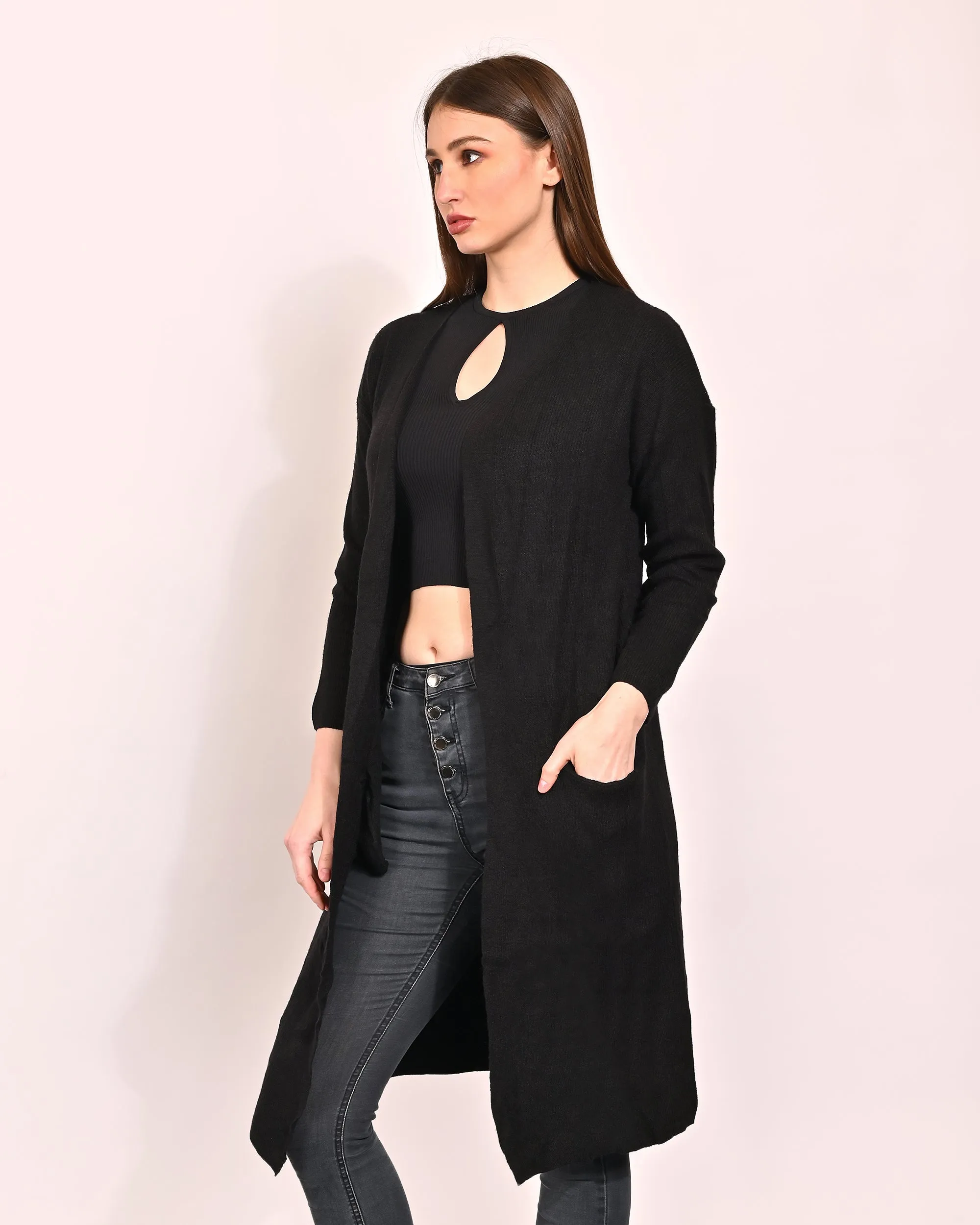 Women Black Polyester Shrug