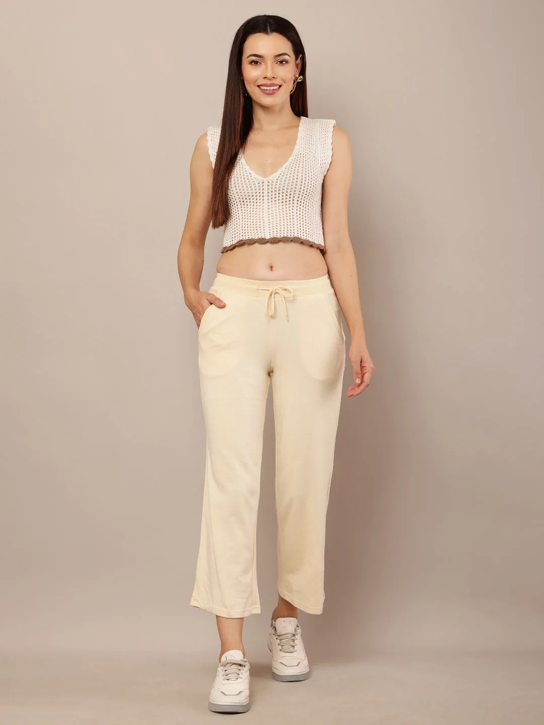 Women Cream Stretch Pants