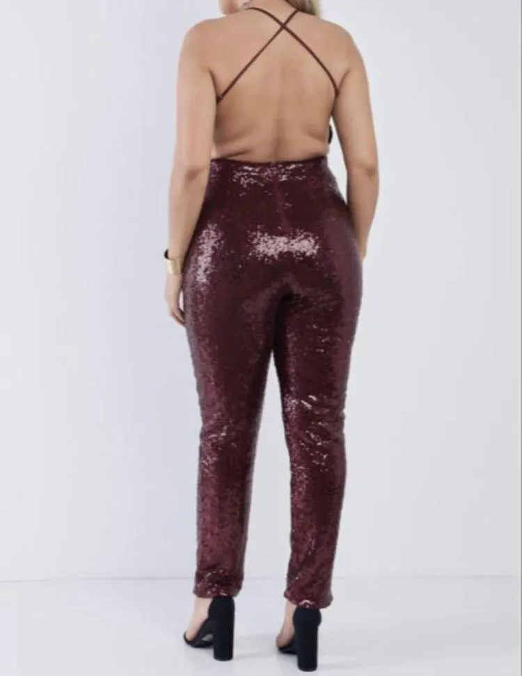 WOMEN PLUS SEQUINED JUMPSUIT BURGANDY