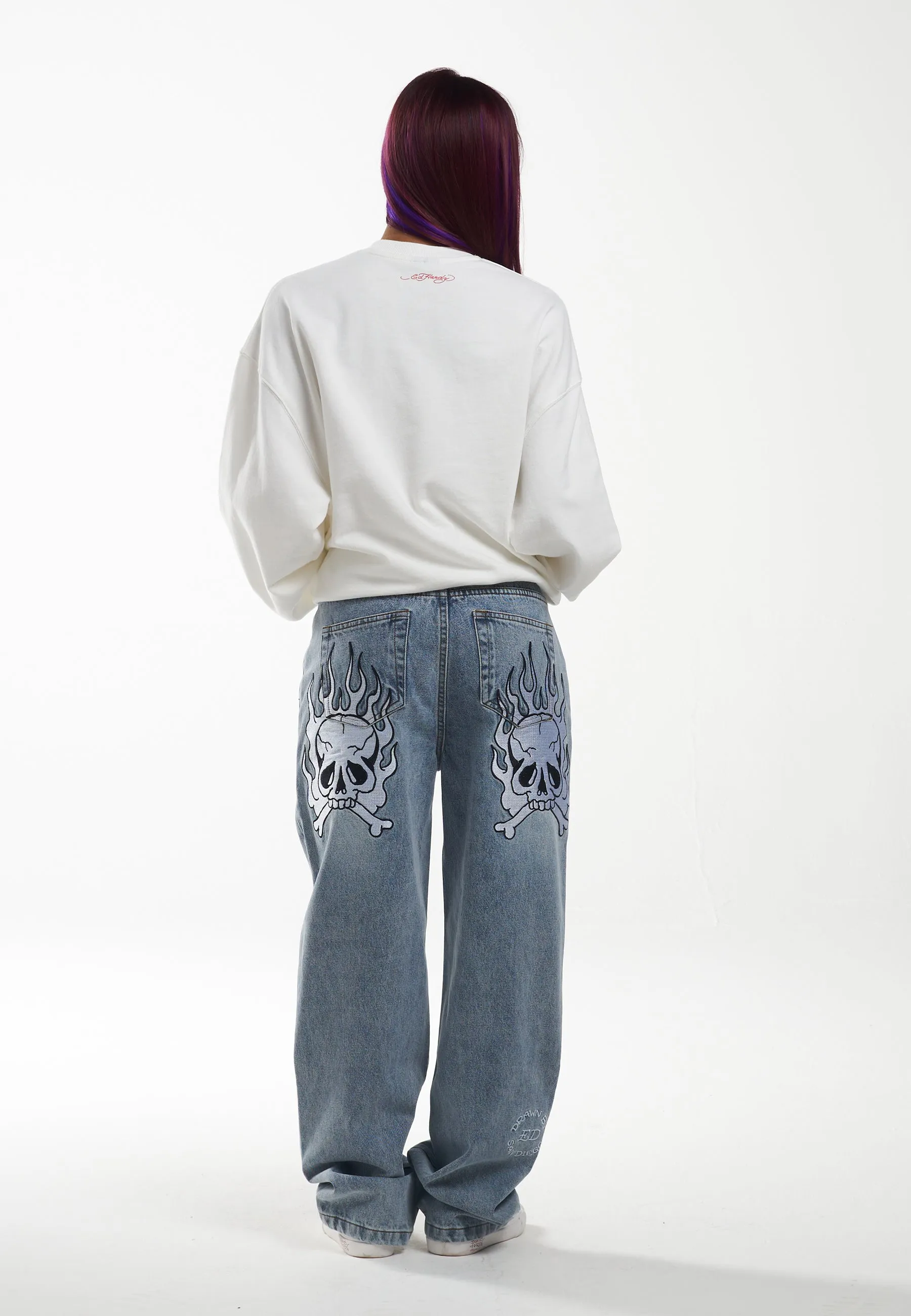 Womens Flaming Skull Relaxed Denim Trousers Jeans - Blue