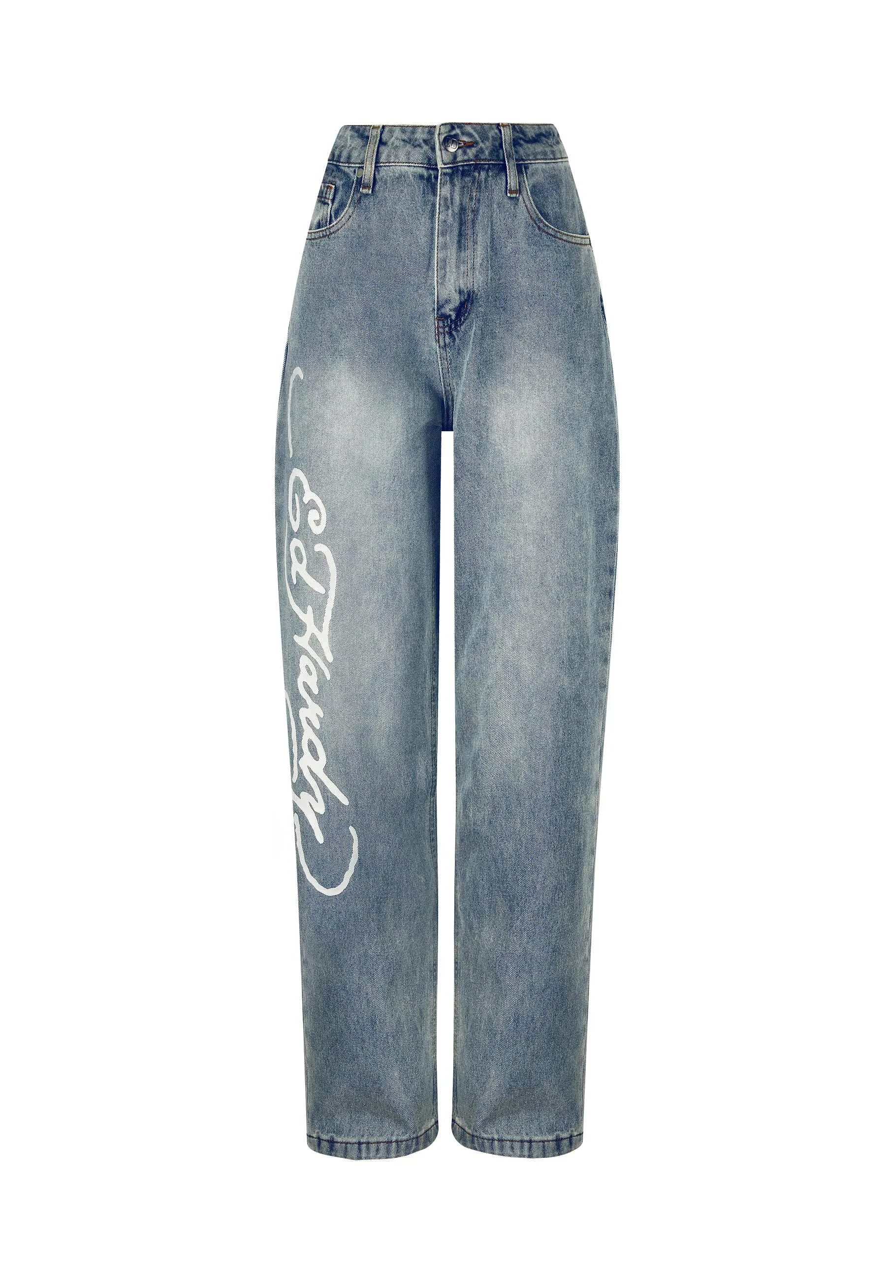 Womens Flaming Skull Relaxed Denim Trousers Jeans - Blue