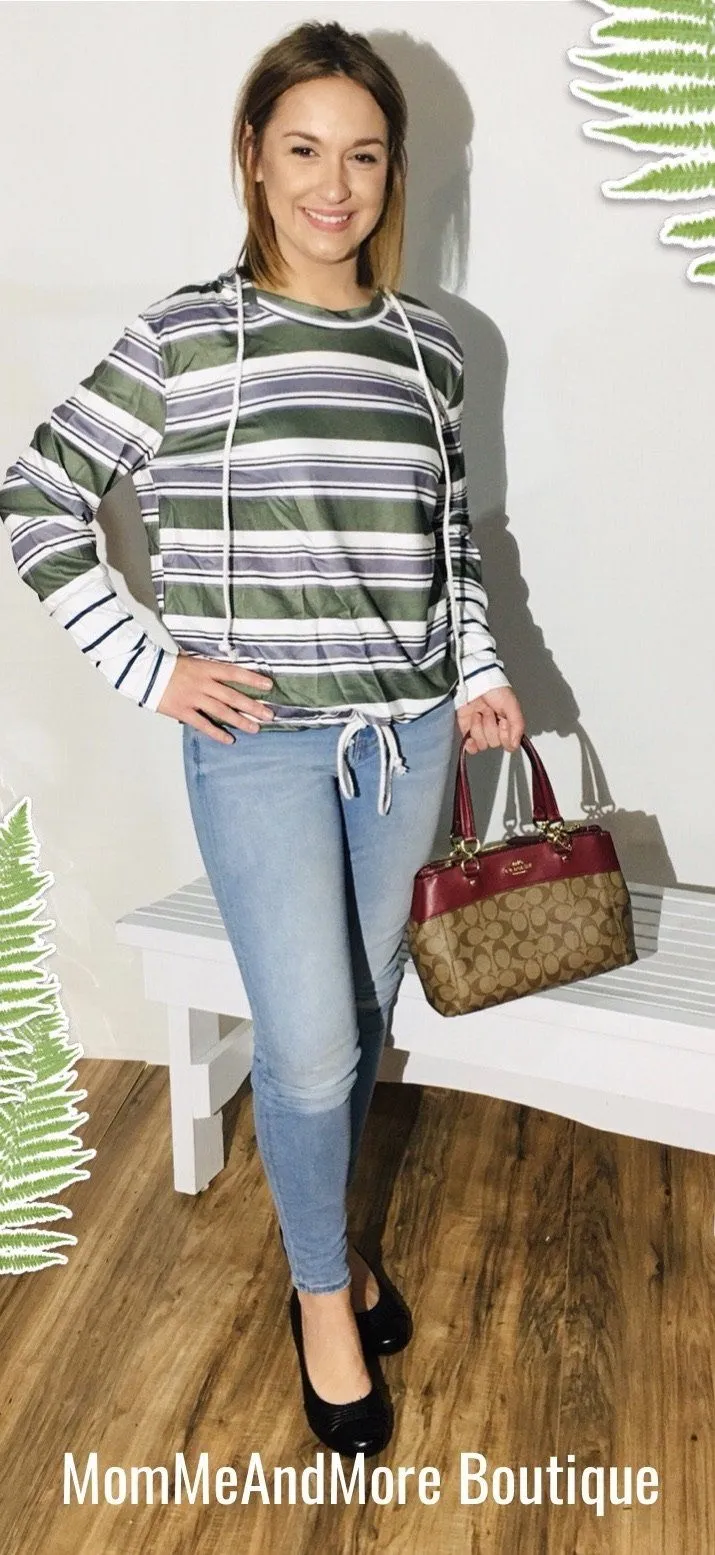 Womens Striped Hooded Top Green/Gray/White Sizes S/M/L/XL