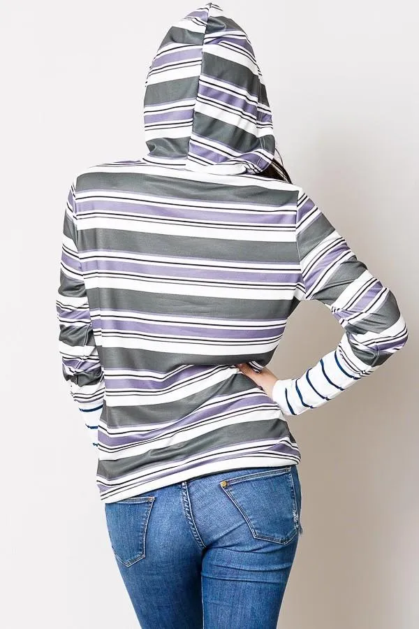 Womens Striped Hooded Top Green/Gray/White Sizes S/M/L/XL