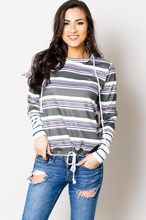 Womens Striped Hooded Top Green/Gray/White Sizes S/M/L/XL